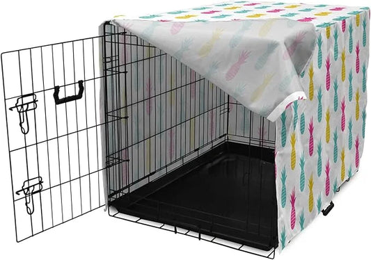 Lunarable Yellow Pineapple Dog Crate Cover, Rhythmic Ananas Fruits in Colorful Design Summer Tropical Concept, Easy to Use...