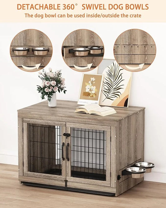 Piskyet Wooden Dog Crate Furniture with 360°Rotatable Removable Dog Bowls, Dog Crate End Table with Tray, Double Doors Dog...