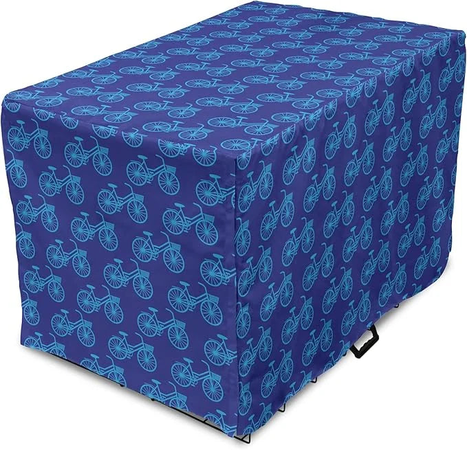 Lunarable Contemporary Blue Dog Crate Cover, Repetitive Pattern with Silhouette Style Bicycles, Easy to Use Pet Kennel Cov...