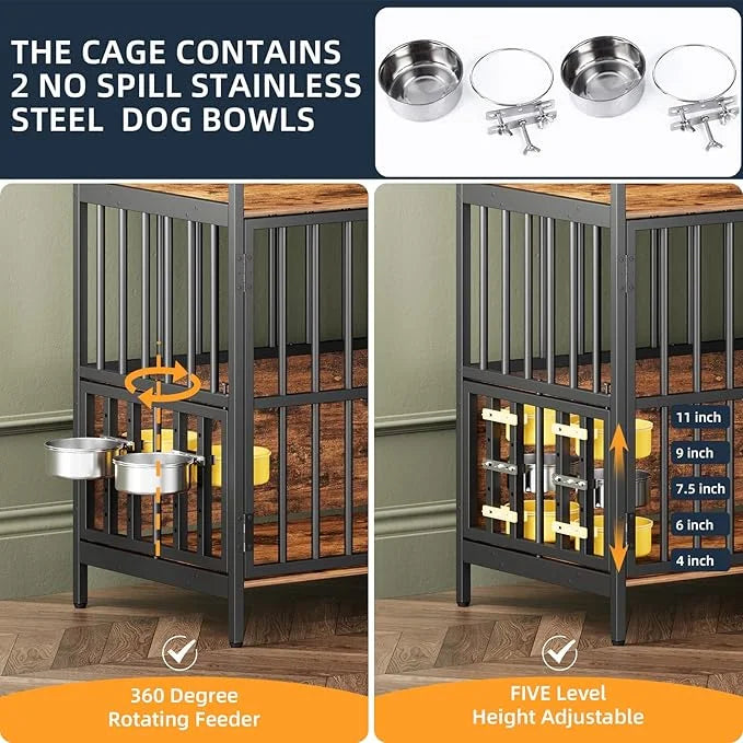 Large Dog Crate Furniture, with 360° Adjustable Elevated Feeder, Heavy Dog Furniture, Indoor Decorative Dog Kennel, Sturdy...