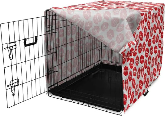 Lunarable Kiss Dog Crate Cover, Rhythmic Make up Red Luscious Lips Lipstick Imprint Illustration, Easy to Use Pet Kennel C...