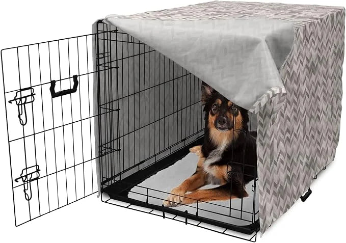 Lunarable Chevron Dog Crate Cover, Monochrome Stripes 3 Dimensional Pattern Geometric Chevron Design Abstract, Easy to Use...