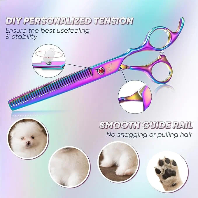 7" Curved Dog Grooming Scissors with Safe Round Tip, Rainbow Pet Fur Scissors, Japanese Stainless Steel 440C, Sharp and St...