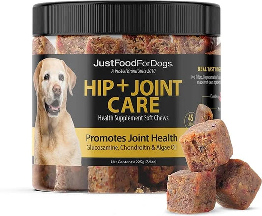 JustFoodForDogs Hip + Joint Soft Chews Mobility Supplement for Dogs with Glucosamine and Chondroitin, Superfood Blend, Hum...