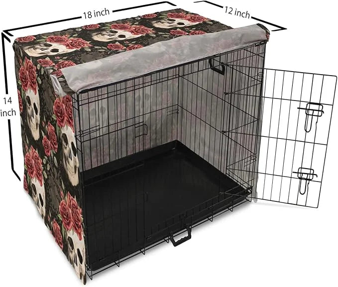 Lunarable Halloween Dog Crate Cover, Mexican Sugar Skull Rose Bouquets Spooky Traditional Humour Culture, Easy to Use Pet ...