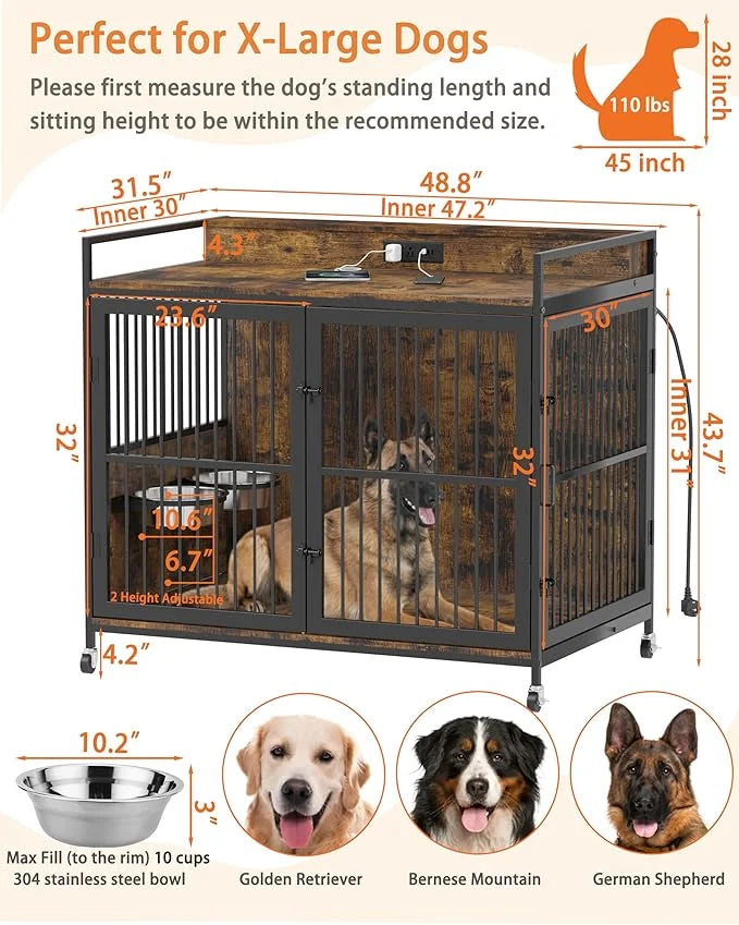 Piskyet 48" Large Dog Crate Furniture, Indoor Dog Kennel Furniture with 4 in 1 Charge Station, Heavy Duty Dog Crate Table ...