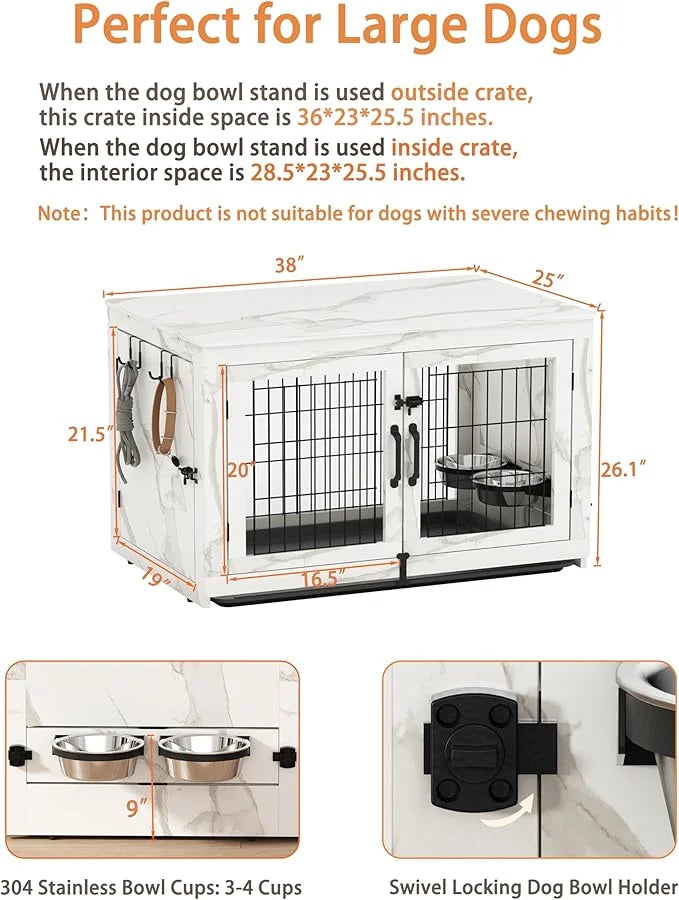 Piskyet Wooden Dog Crate Furniture with 360°Rotatable Removable Dog Bowls, Dog Crate End Table with Tray, Double Doors Dog...