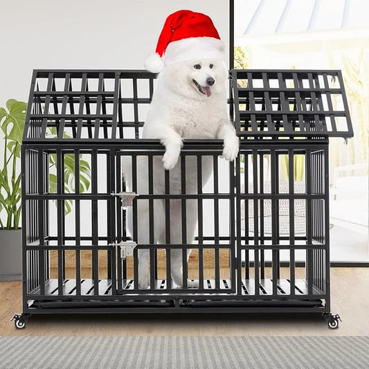 Heavy Duty Dog Crate, Escape Proof Dog Cage for Large Extra Large Dogs, 52 Inch, Dog Kennel Indoor with Lockable Wheels, I...