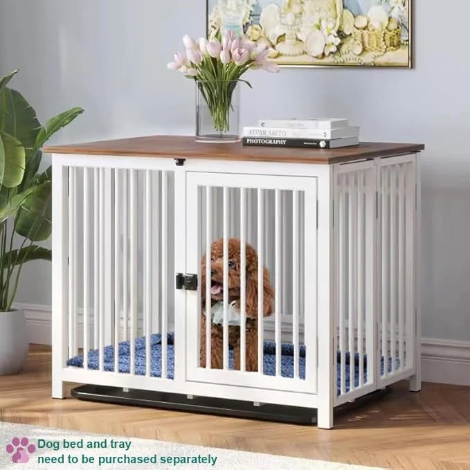 Heavy Duty Dog Crate Furniture, Fully Assembled exc. Locks, All Metal Frame & Wooden Tabletop, Modern Kennel for Small Dog...