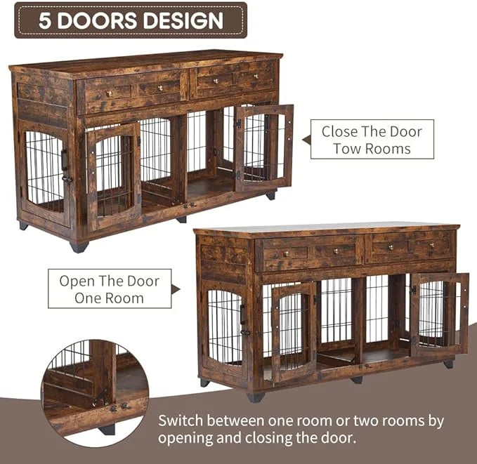 2 Rooms Dog Crate Furniture for Big Breed,58" Wooden Dog Crate Table with 2 Drawers,Indoor Dog Kennel,Dog House,Dog Cage,T...