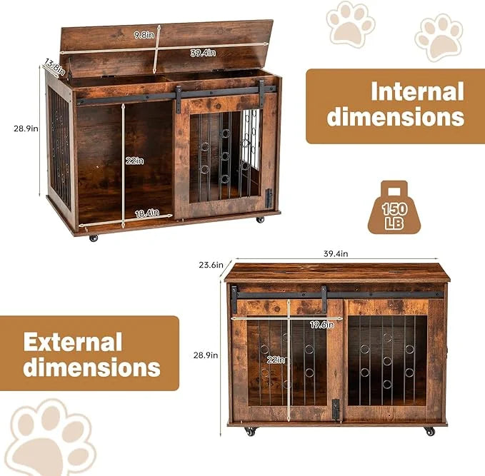 2 Rooms Dog Crate Furniture with Movable Divider,39" Wooden Dog Crate Table,Wooden Dog Kennel Pet House Cage,Flip Top 39.3...