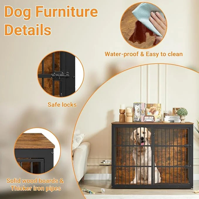 Dog Crate Furniture, 48 Inch Dog Kennel Furniture, Wooden Dog Crate Furniture Large Breed with Rotating Bowls, Heavy Duty ...