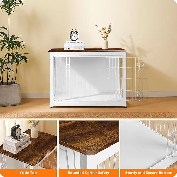 DWANTON Dog Crate Furniture with Cushion, Wooden Kennel Table with Double Doors, Indoor Dog House, Large Size, 38.5" L, Wh...