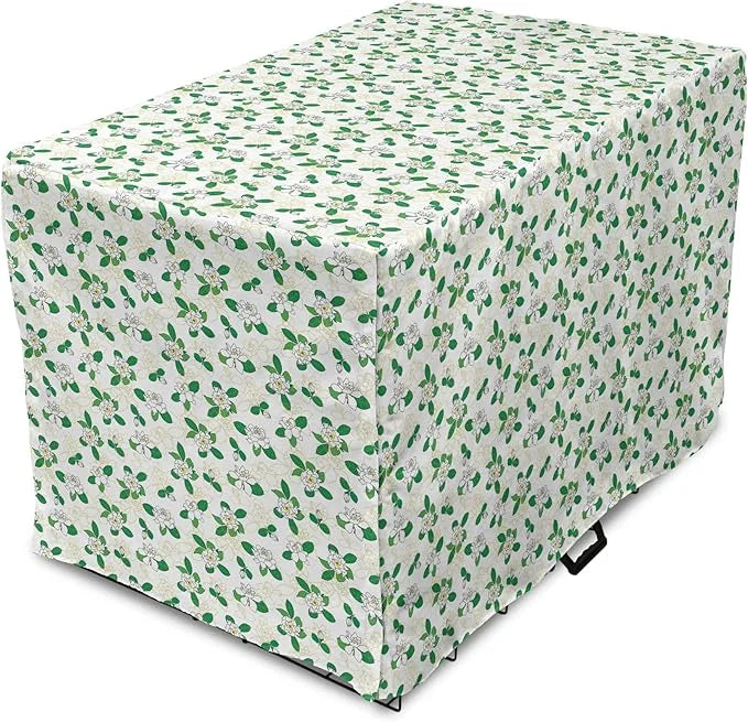 Lunarable Jasmine Dog Crate Cover, Gardenia Simplistic Romantic Flowers Continuous Pattern, Easy to Use Pet Kennel Cover f...