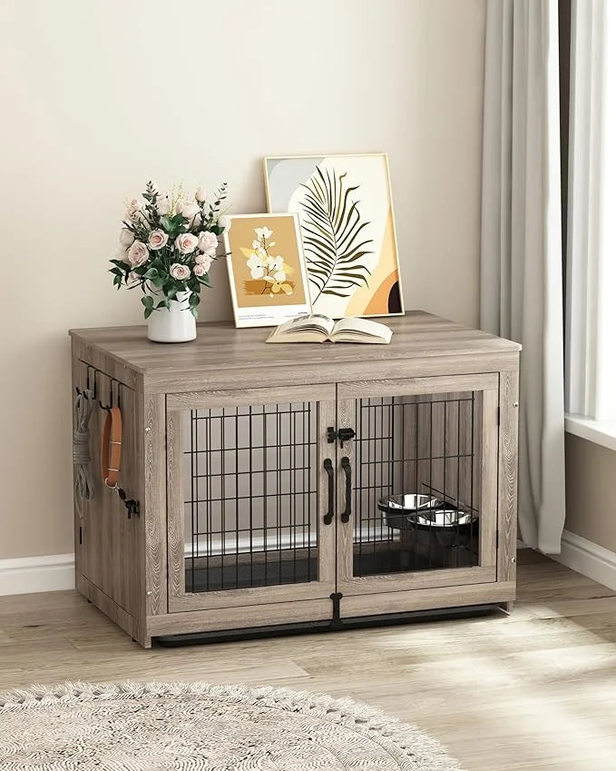 Piskyet Wooden Dog Crate Furniture with 360°Rotatable Removable Dog Bowls, Dog Crate End Table with Tray, Double Doors Dog...