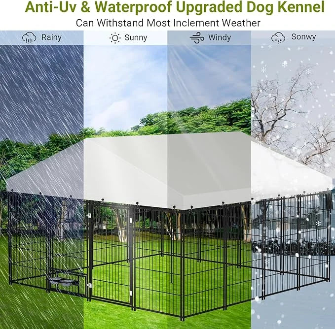 Rovibek 10x10 FT Dog Kennel Outside, Dog Kennels Outdoor with 2 Height Adjustable Rotating Feeder Bowls, Dog Enclosure Out...