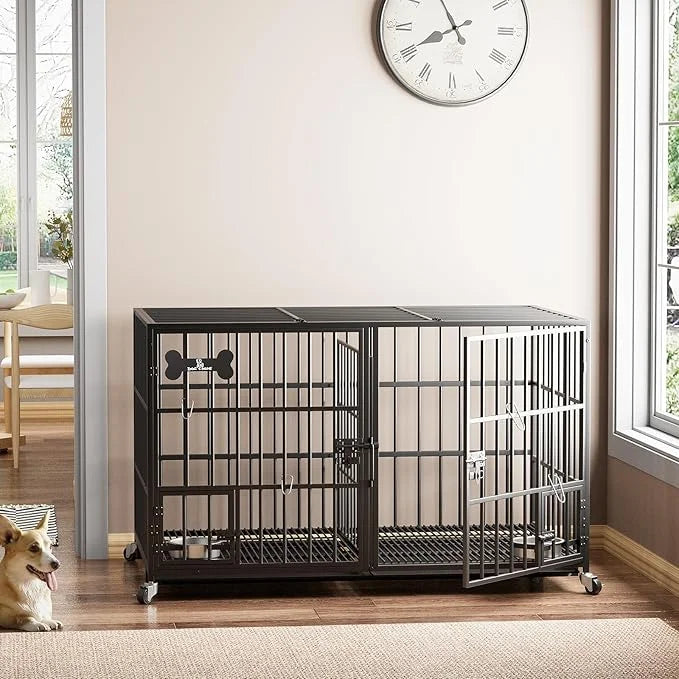 54 inch XL Dog Crate for Large Dog/Double Medium Dogs,Heavy Duty Metal Dog Cages,All Metal Open Top,Dog Kennel Indoor with...