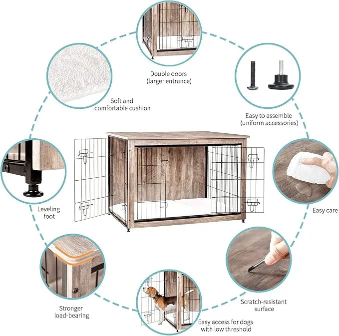 DWANTON Dog Crate Furniture with Cushion, Wooden Kennel Table with Double Doors, Indoor Dog House, Extra Large Size, 43.3"...