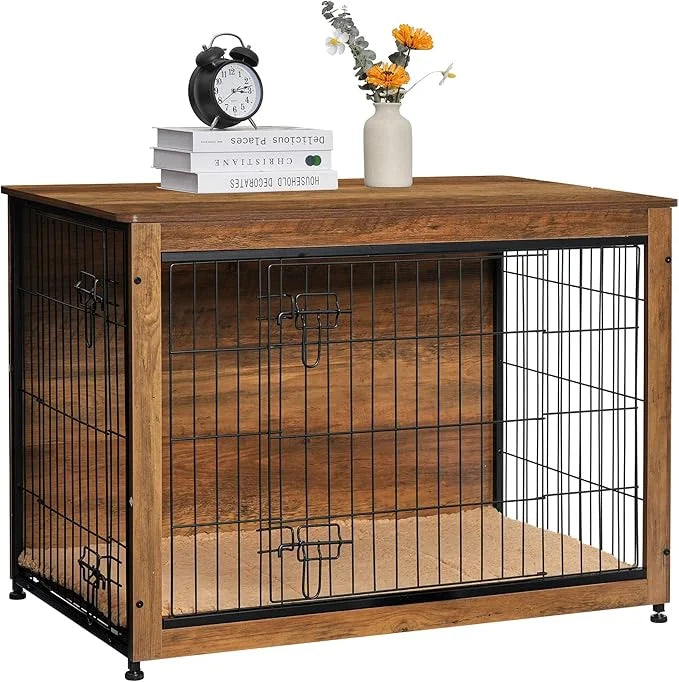 DWANTON Dog Crate Furniture with Cushion, Wooden Kennel Table with Double Doors, Indoor Dog House, Large Size, 38.5" L, Wa...