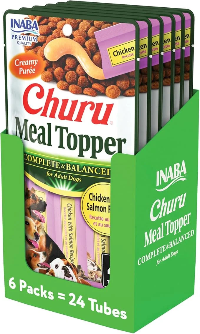 INABA Churu Meal Topper for Dogs, Complete & Balance, Creamy, Lickable Purée Dog Food Topper, 0.5 Ounce Tube, 24 Tubes (4 ...