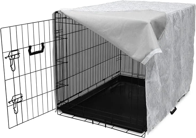 Ambesonne Grey and White Dog Crate Cover, Doodle Style Botanical Leaves Pattern Shabby Ornamental, Easy to Use Pet Kennel ...