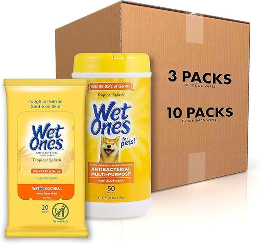 Wet Ones Mixed 13 Piece Bundle of Human & Pet Wet Wipes, Tropical Splash Scent| 10 Packs Antibacterial Wipes, 20 Ct Plus 3...