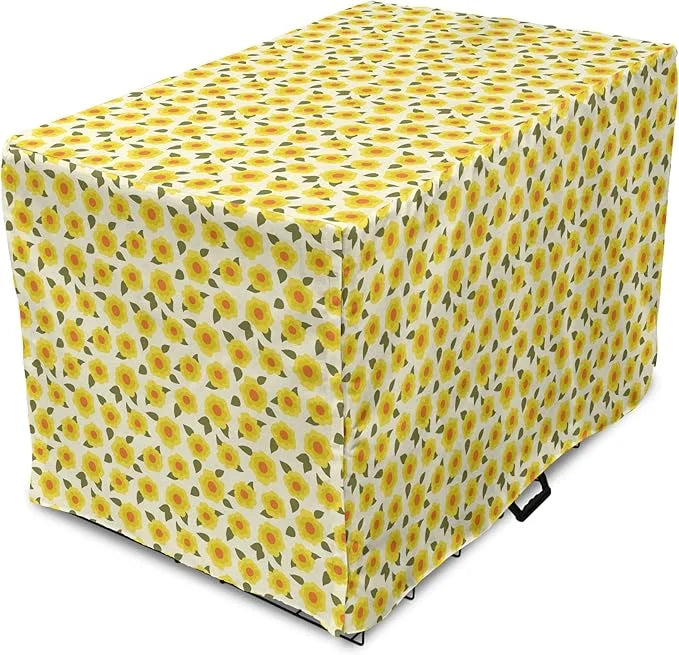 Lunarable Daffodil Dog Crate Cover, Retro Abstract Small Bedding Plants Flourishing Meadow Girls Design, Easy to Use Pet K...