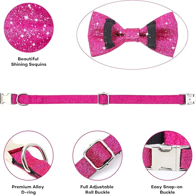 Bling Bow Tie Dog Collar and Leash Set, Cute Pink Girl Dog Collar with 5ft Leash for Small Medium Dogs Daily Walking or Ho...