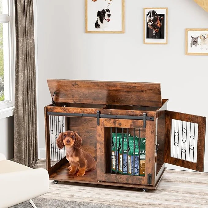 2 Rooms Dog Crate Furniture with Movable Divider,39" Wooden Dog Crate Table,Wooden Dog Kennel Pet House Cage,Flip Top 39.3...