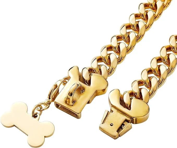 15mm Wide Strong Stainless Steel Bone Style Buckle Gold Dog Chain Collar,18K Gold Plated Cuban Link Chain Dog Necklace Col...
