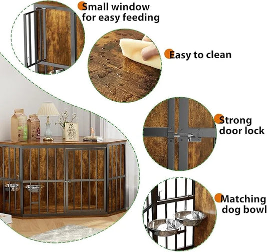 Large Dog Crate Furniture, 53” Heavy Duty Corner Dog Crate with 2 Stainless Steel Bowls, Dog Kennel Furniture Style House,...