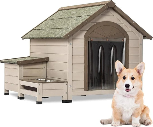 NicBex Dog Houses for Small Medium Large Dogs with Open Roof,Storage Box,2 Feeding Bowls Outdoor & Indoor,Wooden Puppy She...