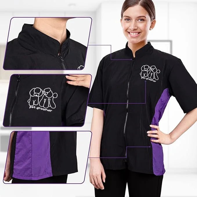 Noverlife Short Sleeves Pet Grooming Workwear With Full Zipper, 3XL Size, Anti-Static Beautician Smock, Lightweight Groome...