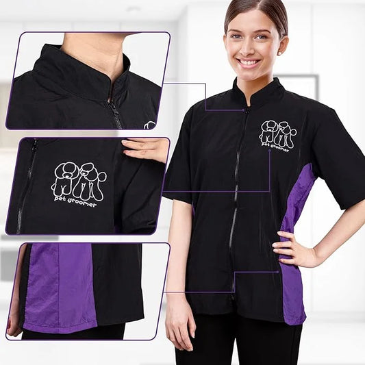 Noverlife Short Sleeves Pet Grooming Workwear With Full Zipper, 3XL Size, Anti-Static Beautician Smock, Lightweight Groome...