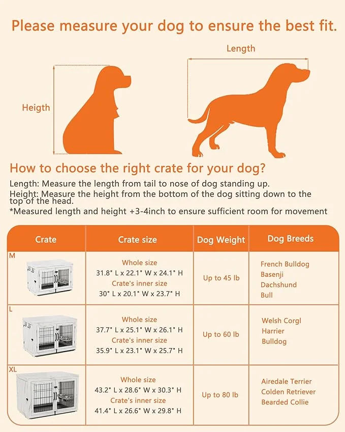 Piskyet Wooden Dog Crate Furniture with 360°Rotatable Removable Dog Bowls, Dog Crate End Table with Tray, Double Doors Dog...