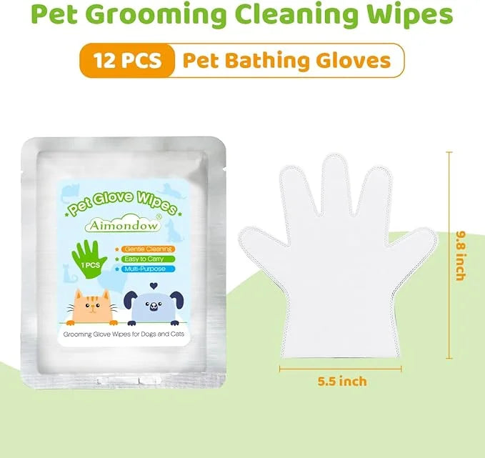 Bathing Wipes Glove for Dogs Cats, 12 PCS Dog Cleaning Glove Wipes with Grooming Fur, Dog Wipes Washing Gloves, Cat Cleani...