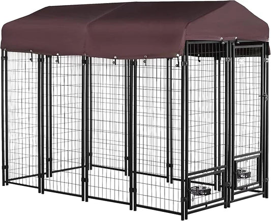 PawHut 8' x 4' x 6' Outdoor Dog Kennel with Rotating Bowl Holders, Walk-in Pet Playpen, Welded Wire Steel with Water and U...