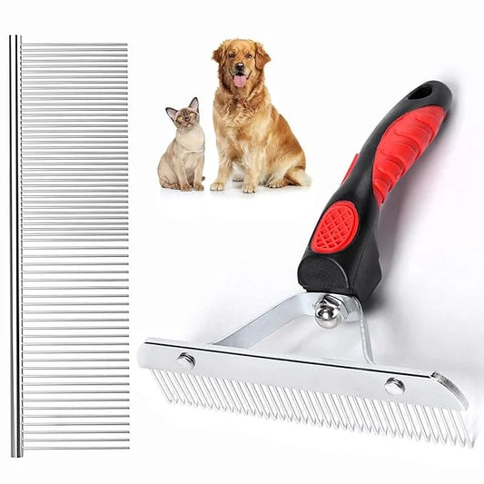 Undercoat Rake for Dogs, 2 Pack Grooming Kit Long Tooth Undercoat Rake + Stainless Steel Dog Comb, Deshedding Tool Set for...