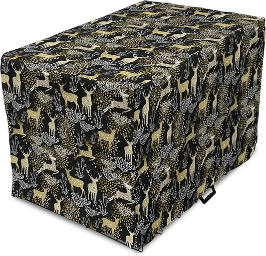 Ambesonne Christmas Dog Crate Cover, Nature Woodland and Deer Silhouettes with Oriental Ornaments Design, Easy to Use Pet ...