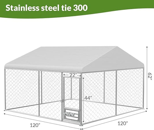 Rovibek 10x10 Ft Outdoor Dog Kennel, Outside Dog Kennel with Roof, Dog Kennels Outdoor with 2 Steel Dog Bowls, Outside Ken...
