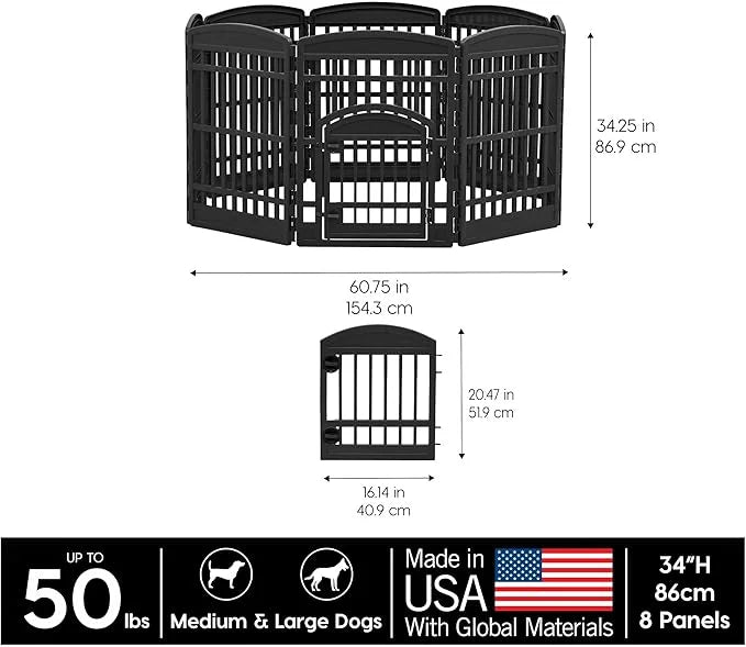 34" 8-Panel Pet Playpen with Door, Medium Large Dog Secure Easy Assemble Easy Storing Customizable + 34''H 2 Add on Panels...