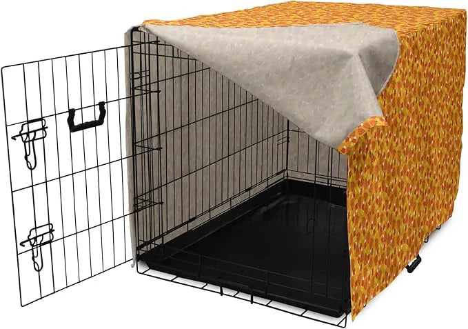 Lunarable Candy Corn Dog Crate Cover, Halloween Themed Pattern with Pumpkins and Food Repetition, Easy to Use Pet Kennel C...