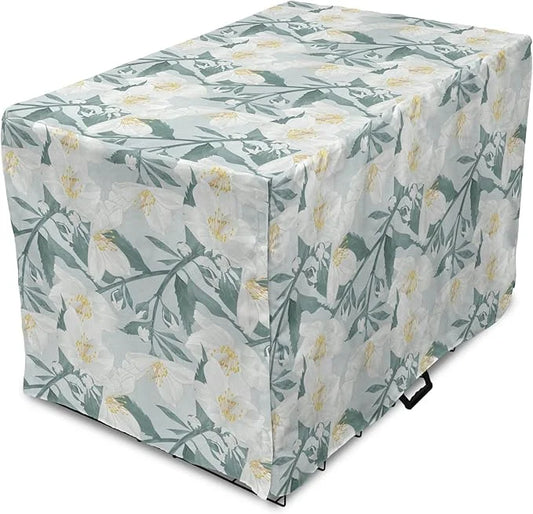 Lunarable Jasmine Dog Crate Cover, Delicate Pointy Petals Flower in Muted Tones, Easy to Use Pet Kennel Cover for Medium L...