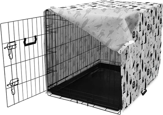 Lunarable Halloween Dog Crate Cover, Horror Pattern Tombstone Kitty Owl Voodoo Trick or Treat Pumpkin, Easy to Use Pet Ken...