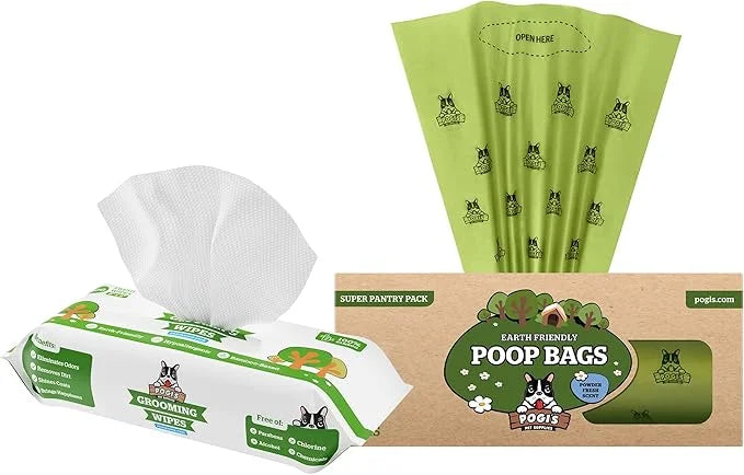 Pogi's Poop n' Wipe Combo - 500 Dog Poop Bags and 100 Plant-based Grooming Wipes Bundle - Product Image