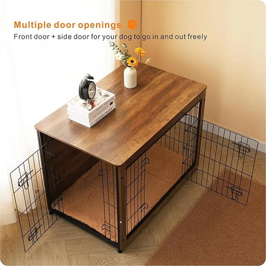 DWANTON Dog Crate Furniture with Cushion, Wooden Kennel Table with Double Doors, Indoor Dog House, Large Size, 38.5" L, Wa...