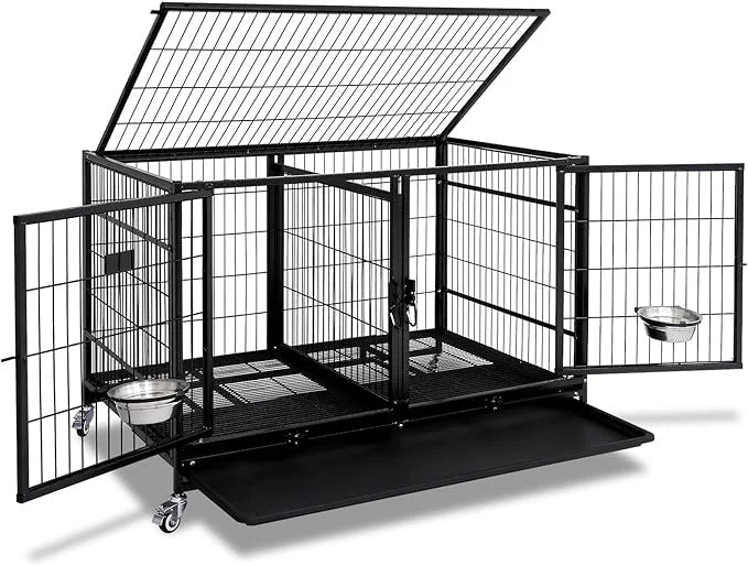 Homey Pet 43 Inch Metal Open Top Stackable Heavy Duty Dog Cage Kennel with Three Door, Metal Floor Grid, Tray, Wheels, Div...