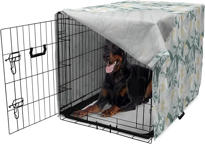 Lunarable Jasmine Dog Crate Cover, Delicate Pointy Petals Flower in Muted Tones, Easy to Use Pet Kennel Cover for Medium L...