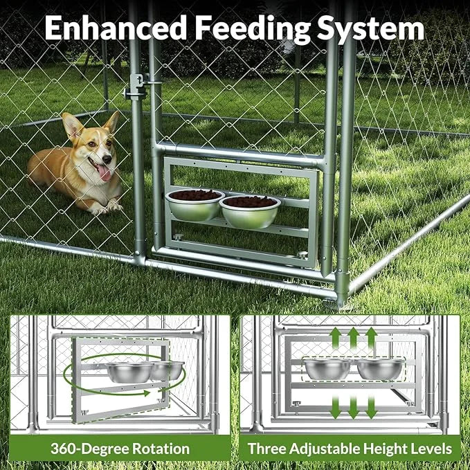 Rovibek 10x10 Ft Outdoor Dog Kennel, Outside Dog Kennel with Roof, Dog Kennels Outdoor with 2 Steel Dog Bowls, Outside Ken...