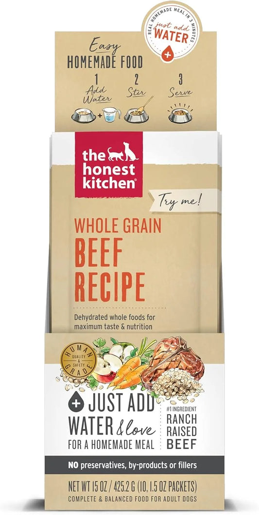The Honest Kitchen Human Grade Dehydrated Whole Grain Dog Food – Complete Meal or Dog Food Topper – Beef 10-Pack of 1.5 oz...
